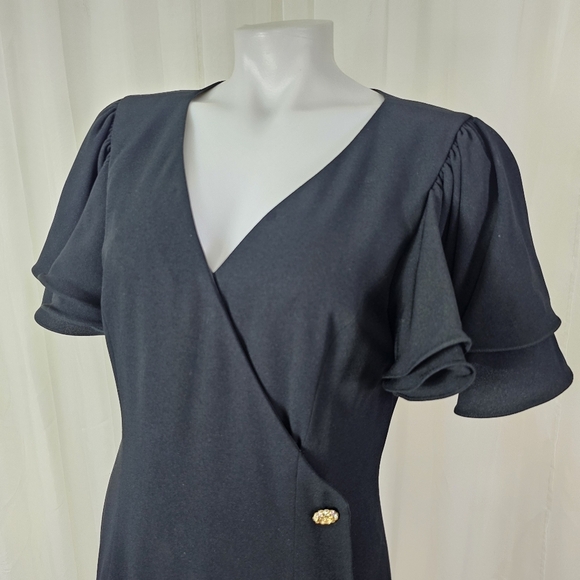 Vintage Neiman Marcus black faux wrap dress rhinestone button ruffle sleeves 10 - Picture 2 of 11